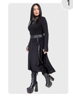 Killstar Black Midi Skirt with Vegan Leather Detail
